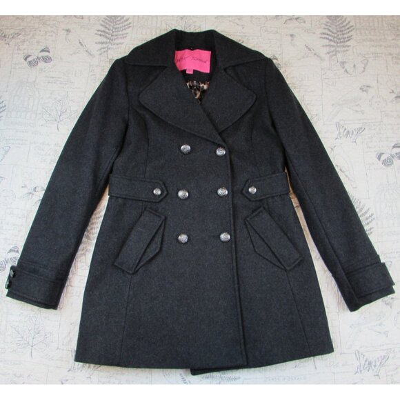 Betsey Johnson Womens Gray recycled wool double breasted leopared lined coat 6 - Picture 1 of 7